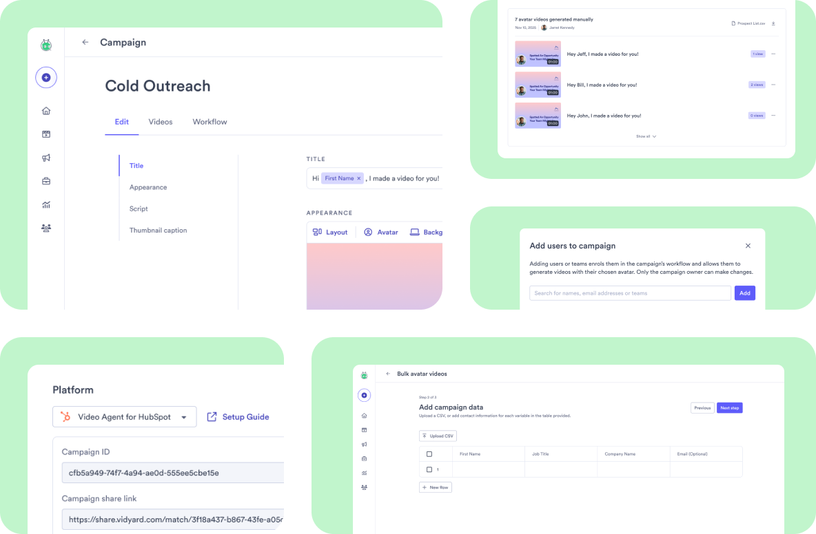 A montage of the Campaigns surfaces — the Edit tab, the Videos tab, the Add users dialog, the Workflow setup, and the bulk data step